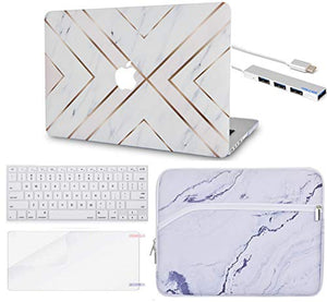 LuvCase Macbook Case 5 in 1 Bundle - Marble Collection - White Marble Gold Stripes with Sleeve, Keyboard Cover, Screen Protector and USB Hub 3.0