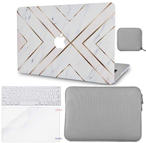 LuvCase Macbook Case 5 in 1 Bundle - Marble Collection - White Marble Gold Stripes with Slim Sleeve, Keyboard Cover, Screen Protector and Pouch