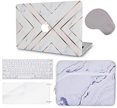 LuvCase Macbook Case 5 in 1 Bundle - Marble Collection - White Marble Gold Stripes with Sleeve, Keyboard Cover, Screen Protector and Mouse Pad