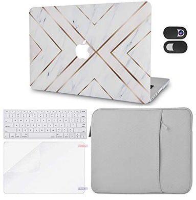 LuvCase Macbook Case 5 in 1 Bundle - Marble Collection - White Marble Gold Stripes with Sleeve, Keyboard Cover, Screen Protector and Webcam Cover