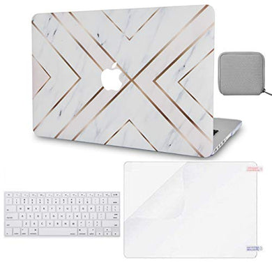 LuvCase Macbook Case 4 in 1 Bundle - Marble Collection - White Marble Gold Stripes with Keyboard Cover, Screen Protector and Pouch