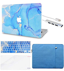 LuvCase Macbook Case  - Color Collection - Blue Gold Swirl with Sleeve, Keyboard Cover, Screen Protector and USB Hub
