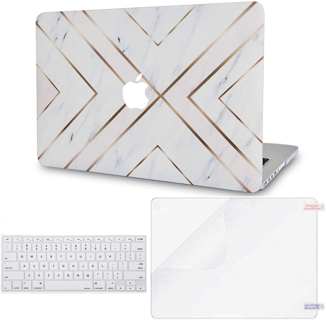 LuvCase Macbook Case Bundle - Marble Collection - White Marble Gold Stripes with Keyboard Cover and Screen Protector