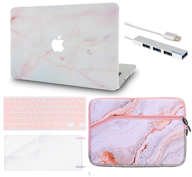 LuvCase Macbook Case 5 in 1 Bundle - Marble Collection - Pink Marble with Sleeve, Keyboard Cover, Screen Protector and USB Hub 3.0
