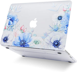 LuvCase Macbook Case 5 in 1 Bundle - Flower Collection - Blue and White Poppy with Sleeve, Keyboard Cover, Screen Protector and USB Hub 3.0