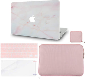 LuvCase Macbook Case 5 in 1 Bundle - Marble Collection - Pink Marble with Slim Sleeve, Keyboard Cover, Screen Protector and Pouch