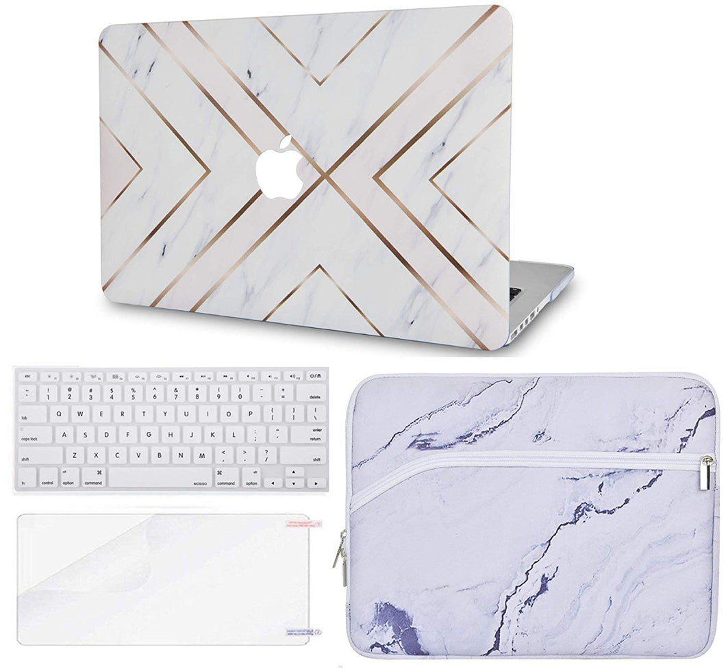 LuvCase Macbook Case Bundle - Marble Collection - White Marble Gold Stripes with Sleeve, Keyboard Cover and Screen Protector