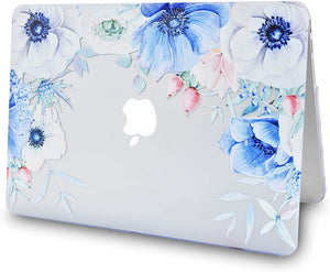 LuvCase Macbook Case 5 in 1 Bundle - Flower Collection - Blue and White Poppy with Sleeve, Keyboard Cover, Screen Protector and USB Hub 3.0