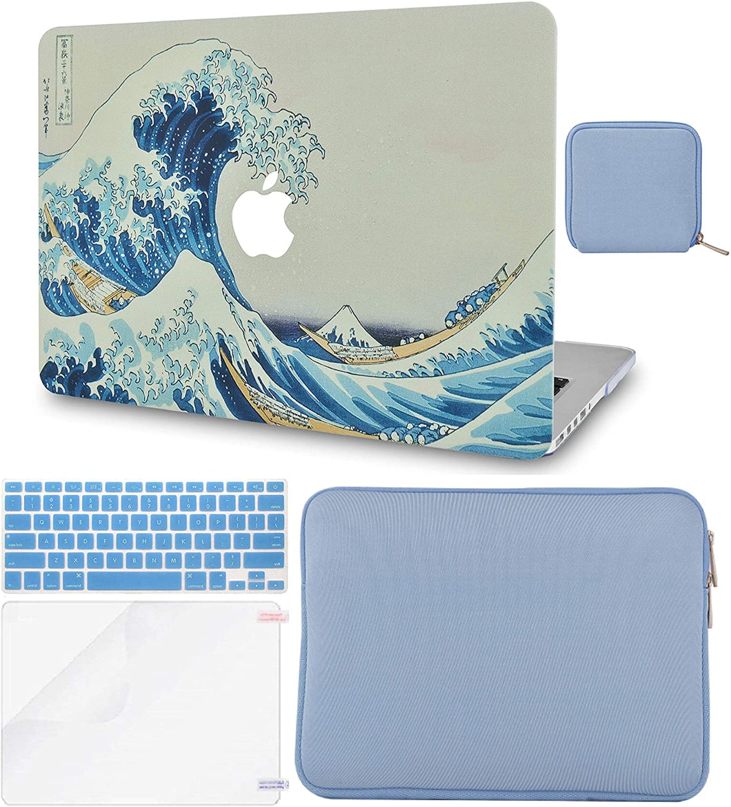 LuvCase Macbook Case 5 in 1 Bundle - Marble Collection - Japanese Wave with Slim Sleeve, Keyboard Cover, Screen Protector and Pouch