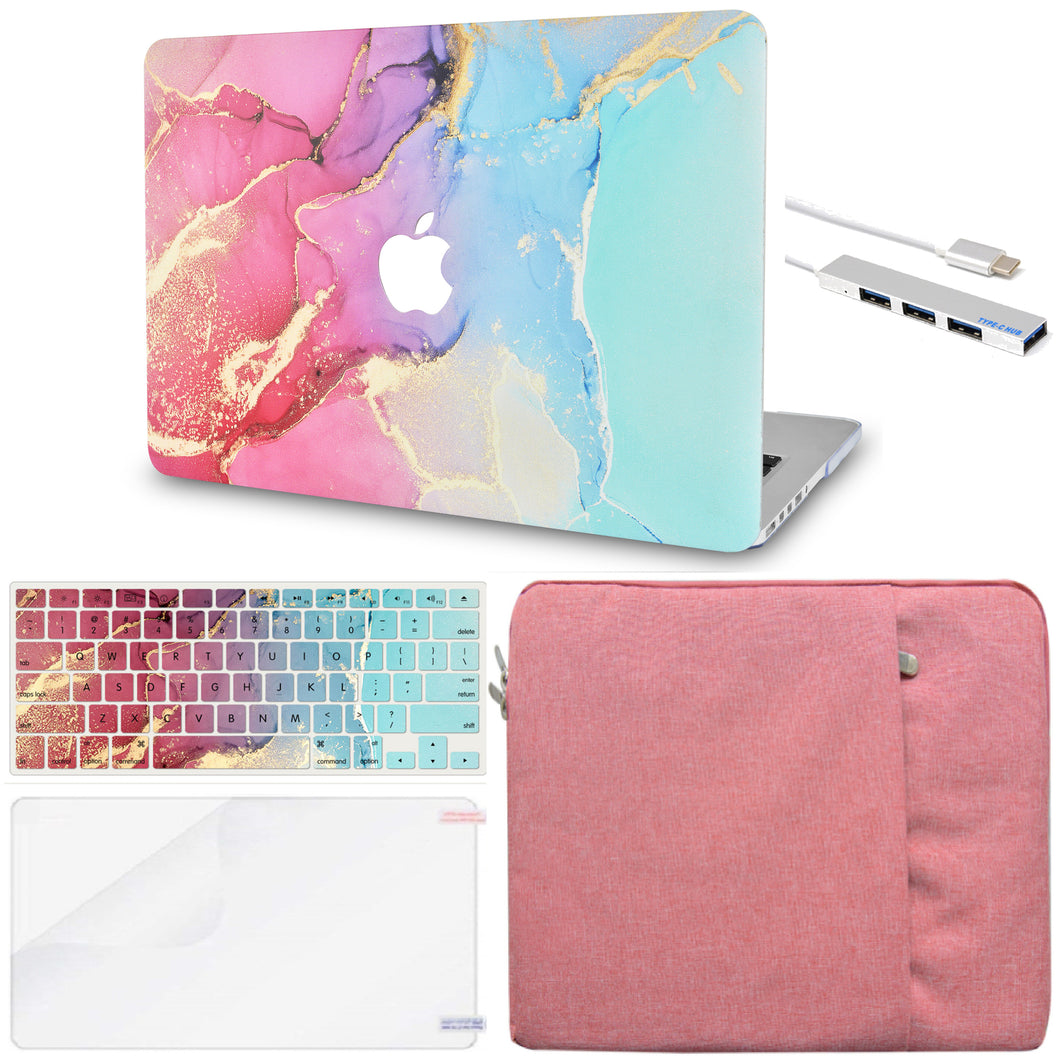 LuvCase Macbook Case  - Color Collection - Red Blue Swirl with Sleeve, Keyboard Cover, Screen Protector and USB Hub
