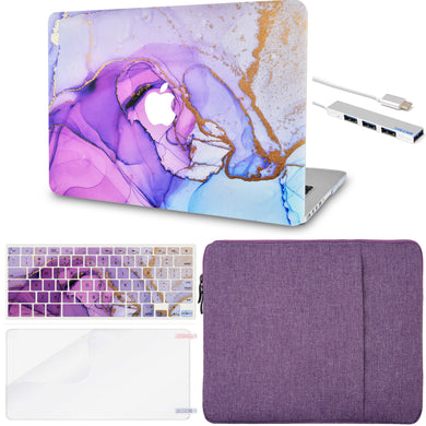 LuvCase Macbook Case  - Color Collection - Purple Blue Swirl with Sleeve, Keyboard Cover, Screen Protector and USB Hub