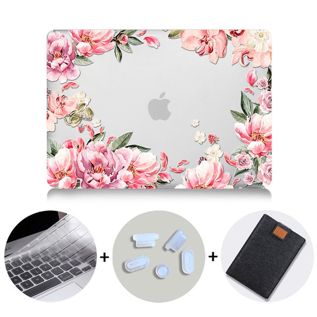 LuvCase Macbook Case Bundle - Floral Collection - Coral Floral with US/CA Keyboard Cover, Dust Plug and Sleeve
