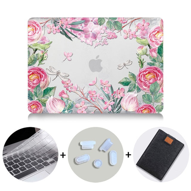 LuvCase Macbook Case Bundle - Floral Collection - Red Yellow Rose with US/CA Keyboard Cover, Dust Plug and Sleeve