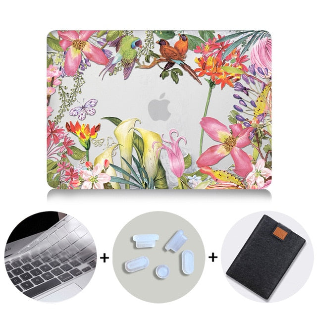 LuvCase Macbook Case Bundle - Floral Collection - Garden Bird with US/CA Keyboard Cover, Dust Plug and Sleeve