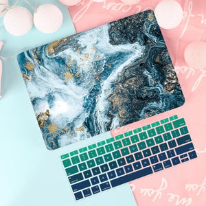 LuvCase Macbook Case Bundle - Macbook Case and US Keyboard Cover - Marble Collection - Dark Blue with Gold Spark