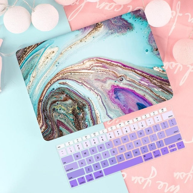 LuvCase Macbook Case Bundle - Macbook Case and US Keyboard Cover - Marble Collection - Lake Blue Marble