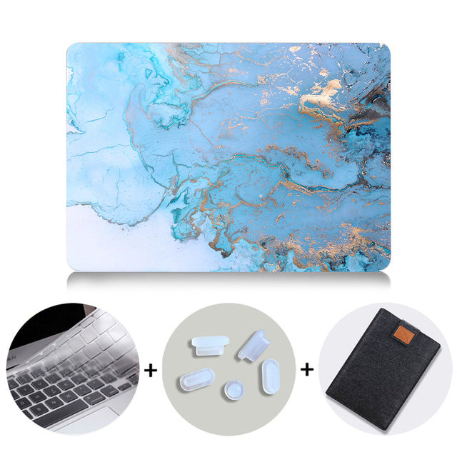 LuvCase Macbook Case Bundle - Marble Collection - Blue Gold Marble with US/CA Keyboard Cover, Dust Plug and Sleeve