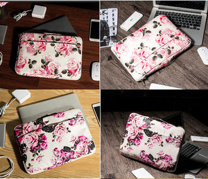 LuvCase Laptop 13 - 13.3 inch Sleeve Case Waterproof Canvas with Pocket - White Pink Roses